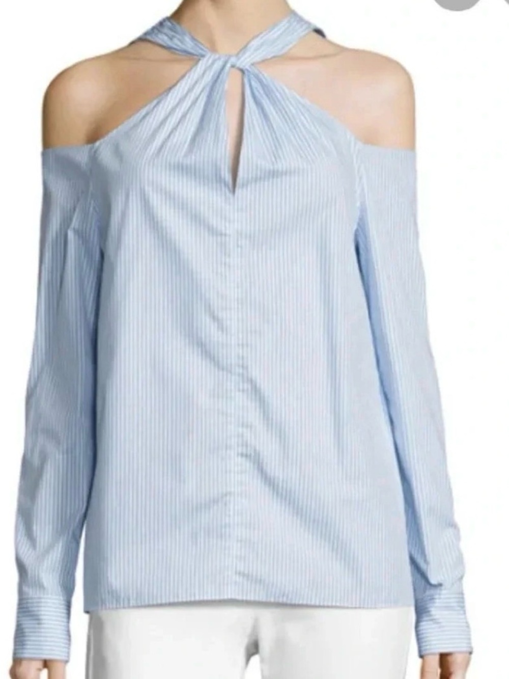 rag & bone Light Blue Pinstripe Cold-Shoulder Twist Halter Blouse